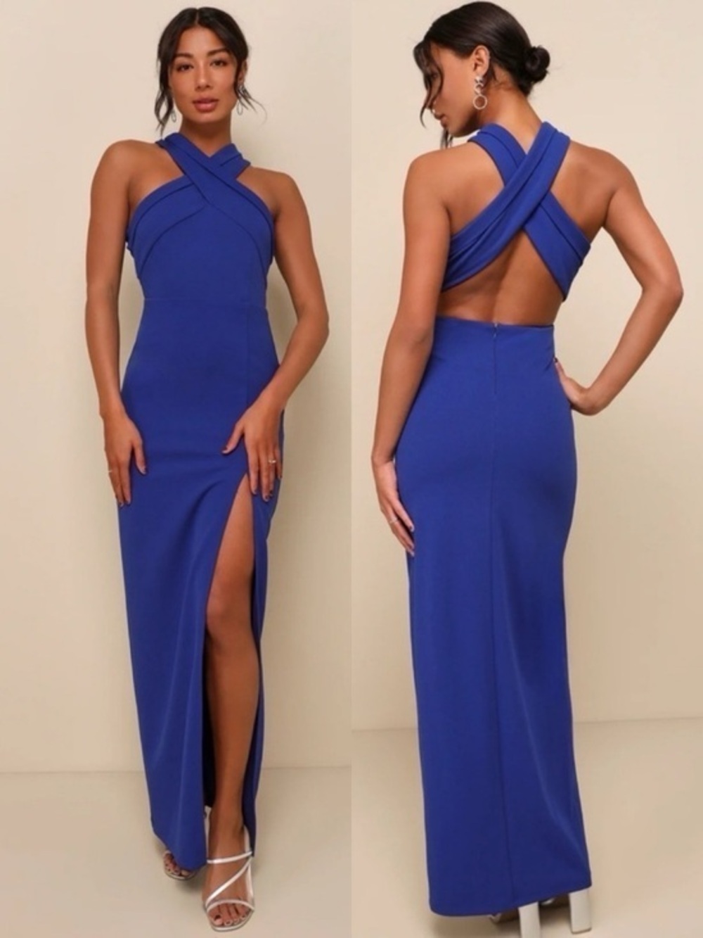 Lulu's Royal Blue Crisscross Halter Maxi Dress